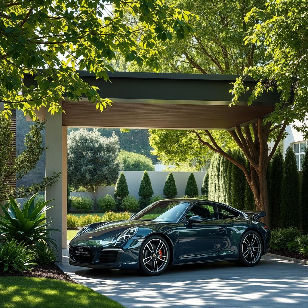 A modern car porch featuring a sleek Porsche 911 parked elegantly underneath