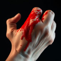 A close-up image of a hand covered in vivid red blood, with intricate details highlighting the texture of the blood and skin