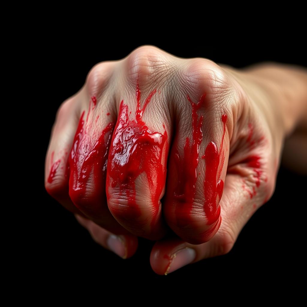 A close-up image of a hand covered in vivid red blood, with intricate details highlighting the texture of the blood and skin