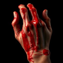 A close-up image of a hand covered in vivid red blood, with intricate details highlighting the texture of the blood and skin