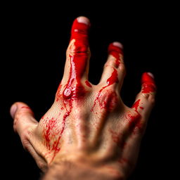 A close-up image of a hand covered in vivid red blood, with intricate details highlighting the texture of the blood and skin