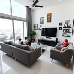 A modern living room in a house, featuring a stylish gray sofa and modern armchairs