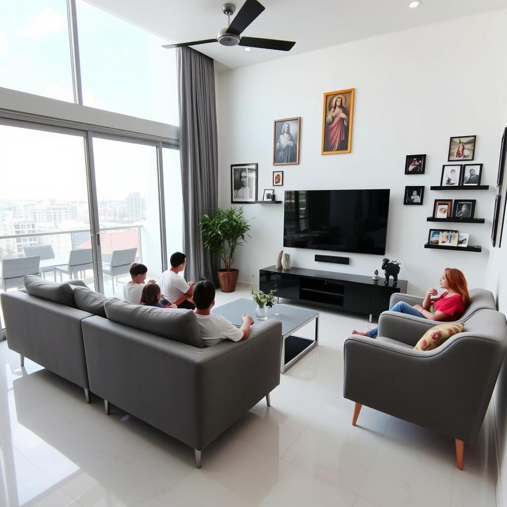 A modern living room in a house, featuring a stylish gray sofa and modern armchairs