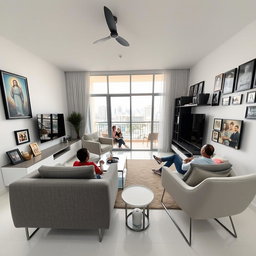 A modern living room in a house, featuring a stylish gray sofa and modern armchairs