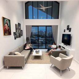 A modern living room in a house, featuring a stylish gray sofa and modern armchairs