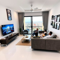 A modern living room in a house, featuring a stylish gray sofa and modern armchairs