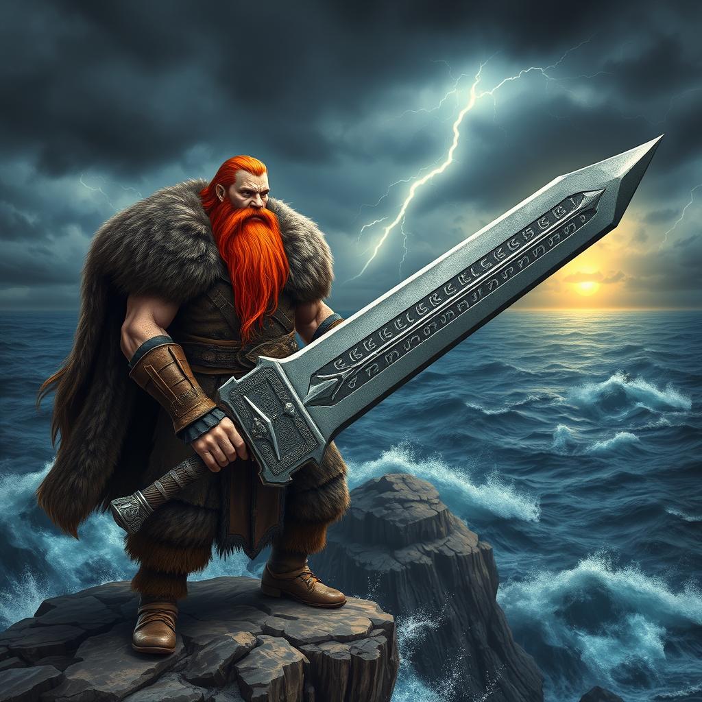 A powerful Viking warrior with a long, flowing red beard, wearing a detailed fur cape and traditional Viking attire