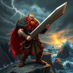 A powerful Viking warrior with a long, flowing red beard, wearing a detailed fur cape and traditional Viking attire