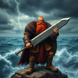 A powerful Viking warrior with a long, flowing red beard, wearing a detailed fur cape and traditional Viking attire