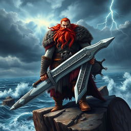 A powerful Viking warrior with a long, flowing red beard, wearing a detailed fur cape and traditional Viking attire
