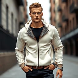 A 23-year-old man with light wheat-toned skin and a tan, wearing a light cream hoodie featuring a stylish brown leather collar