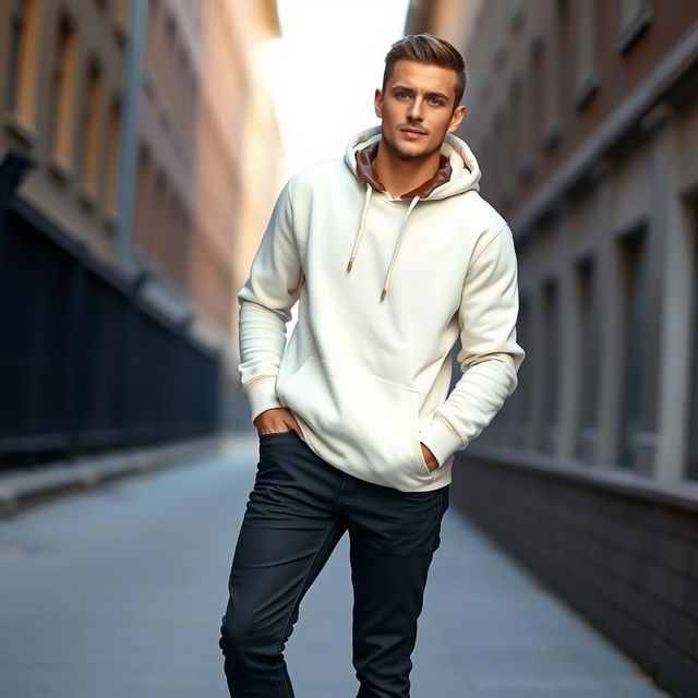 A 23-year-old man with light wheat-toned skin and a tan, wearing a light cream hoodie featuring a stylish brown leather collar