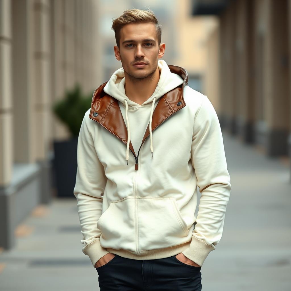 A 23-year-old man with light wheat-toned skin and a tan, wearing a light cream hoodie featuring a stylish brown leather collar