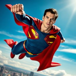 A dynamic action shot of Superman, portrayed by Henry Cavill, soaring high in the sky with a determined expression