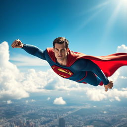 A dynamic action shot of Superman, portrayed by Henry Cavill, soaring high in the sky with a determined expression