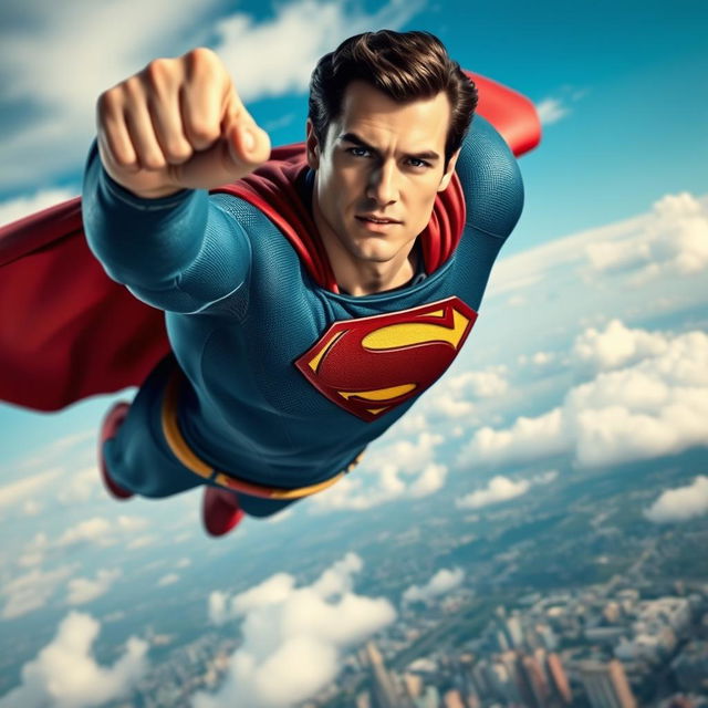 A dynamic action shot of Superman, portrayed by Henry Cavill, soaring high in the sky with a determined expression