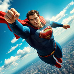 A dynamic action shot of Superman, portrayed by Henry Cavill, soaring high in the sky with a determined expression