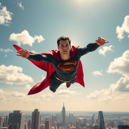 A dynamic and breathtaking scene of Superman, portrayed by Henry Cavill, soaring gracefully through a bright blue sky filled with fluffy white clouds