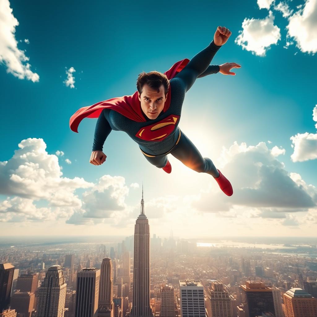 A dynamic and breathtaking scene of Superman, portrayed by Henry Cavill, soaring gracefully through a bright blue sky filled with fluffy white clouds