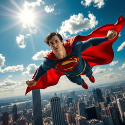 A dynamic and breathtaking scene of Superman, portrayed by Henry Cavill, soaring gracefully through a bright blue sky filled with fluffy white clouds