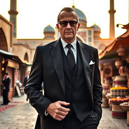Raymond Reddington, dressed in a tailored black suit, elegantly strolling through the historical streets of Isfahan, Iran