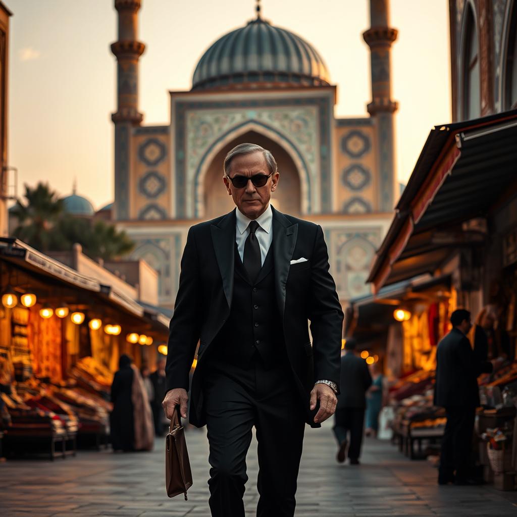 Raymond Reddington, dressed in a tailored black suit, elegantly strolling through the historical streets of Isfahan, Iran