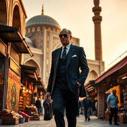 Raymond Reddington, dressed in a tailored black suit, elegantly strolling through the historical streets of Isfahan, Iran