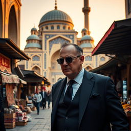 Raymond Reddington, dressed in a tailored black suit, elegantly strolling through the historical streets of Isfahan, Iran