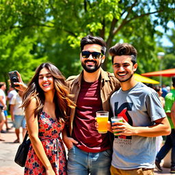 A vibrant scene featuring three friends: Mia, Kourosh, and Iman, standing together in a lively outdoor setting