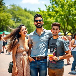 A vibrant scene featuring three friends: Mia, Kourosh, and Iman, standing together in a lively outdoor setting