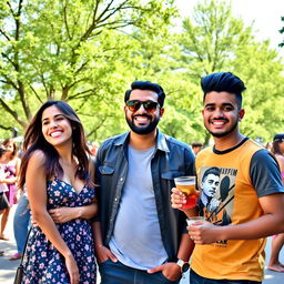A vibrant scene featuring three friends: Mia, Kourosh, and Iman, standing together in a lively outdoor setting