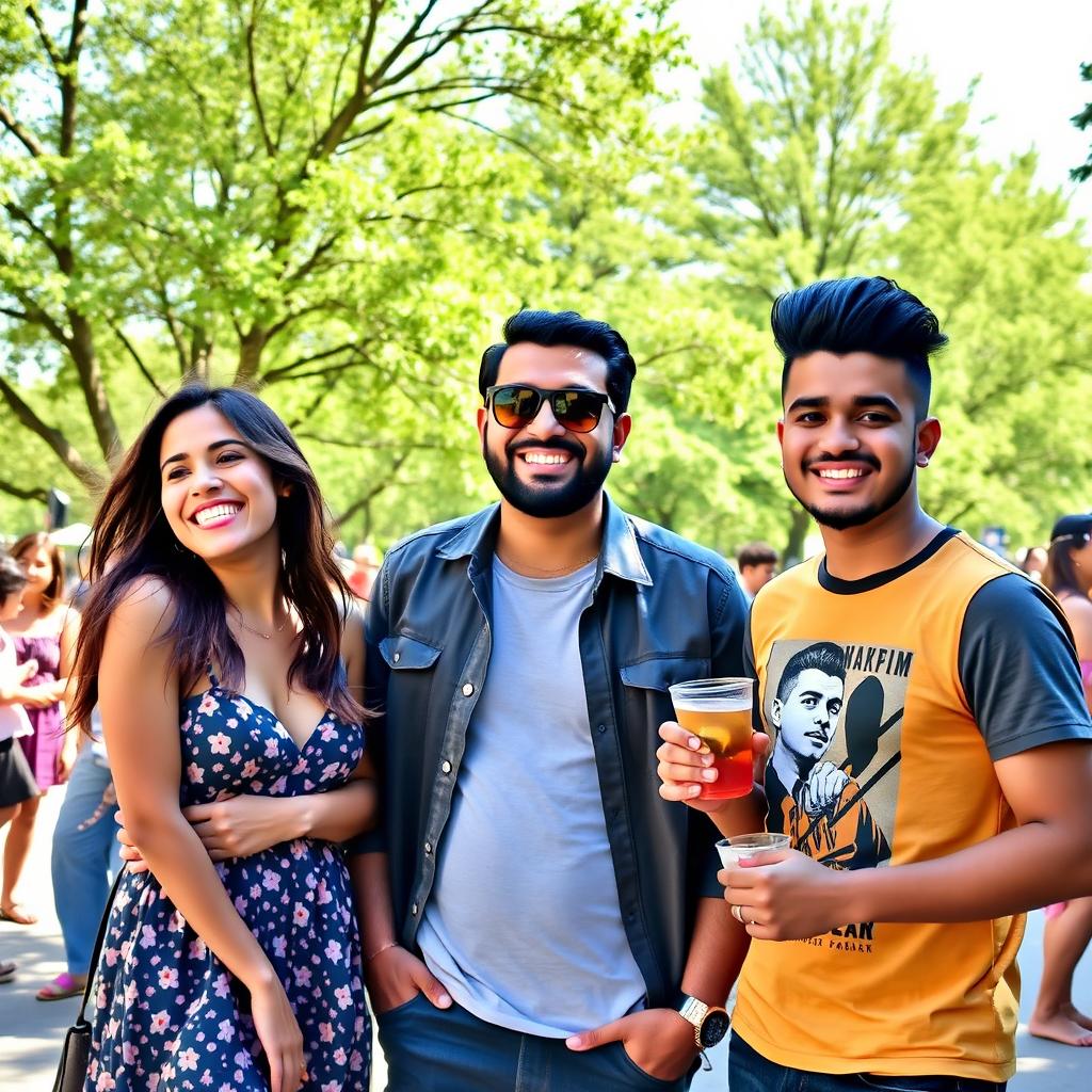 A vibrant scene featuring three friends: Mia, Kourosh, and Iman, standing together in a lively outdoor setting