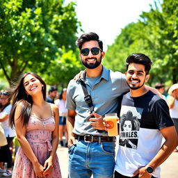 A vibrant scene featuring three friends: Mia, Kourosh, and Iman, standing together in a lively outdoor setting