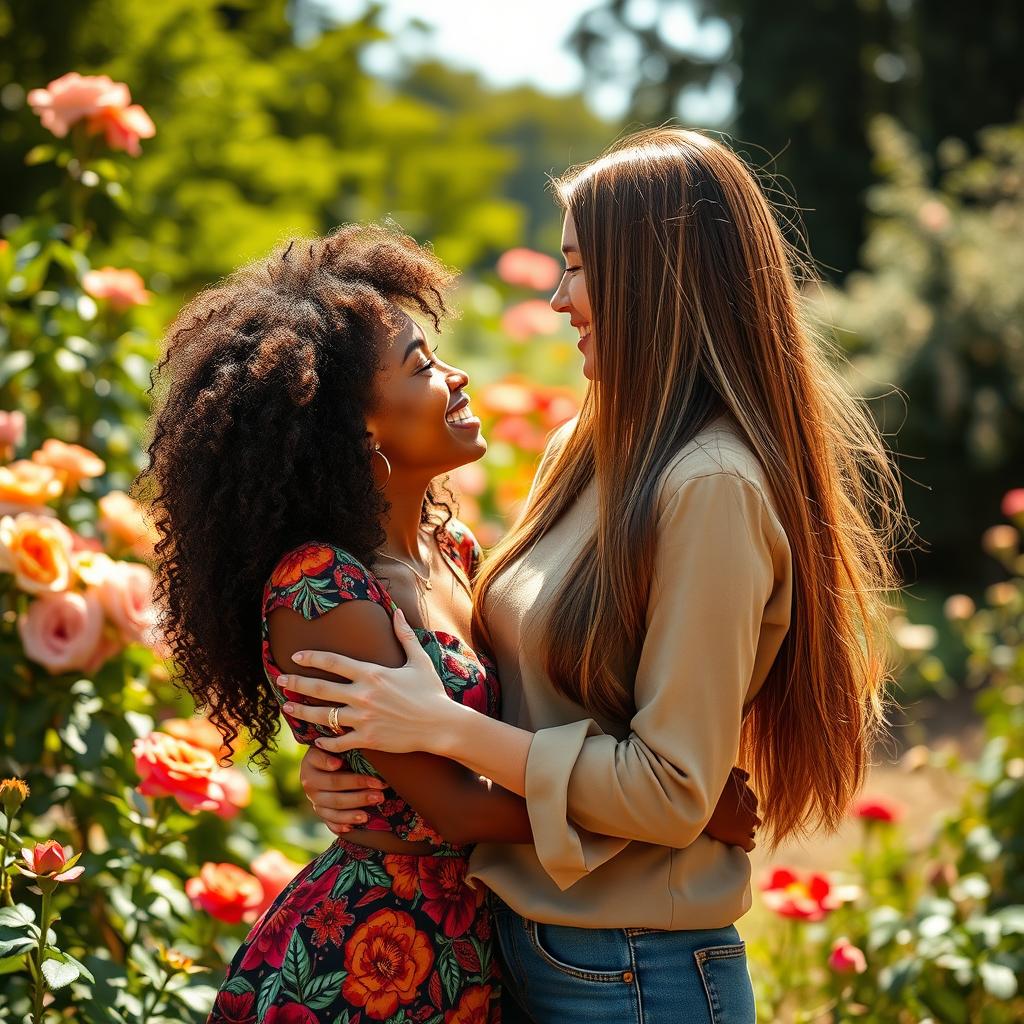 A romantic scene featuring two beautiful women in a loving embrace