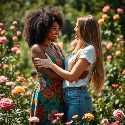 A romantic scene featuring two beautiful women in a loving embrace