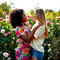 A romantic scene featuring two beautiful women in a loving embrace