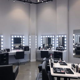 A beauty salon and makeup studio featuring light gray walls and black furniture