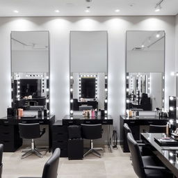 A beauty salon and makeup studio featuring light gray walls and black furniture