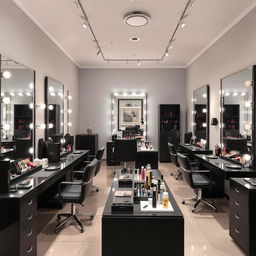 A beauty salon and makeup studio featuring light gray walls and black furniture
