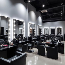 A beauty salon and makeup studio featuring light gray walls and black furniture