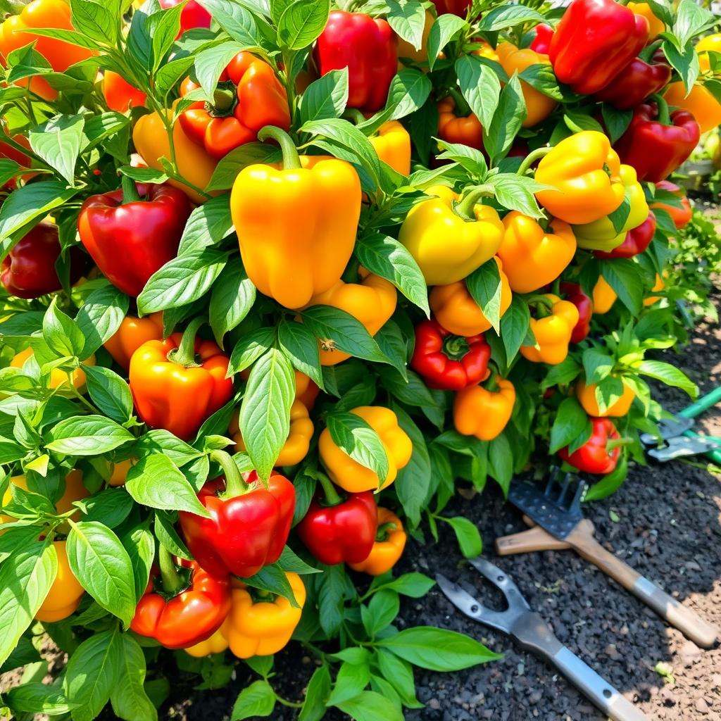 A vibrant and lush bell pepper bush, bearing an abundance of ripe, colorful bell peppers in shades of red, yellow, and green