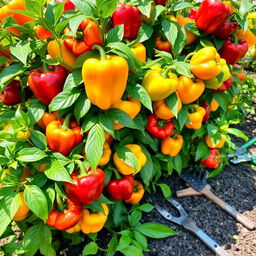 A vibrant and lush bell pepper bush, bearing an abundance of ripe, colorful bell peppers in shades of red, yellow, and green