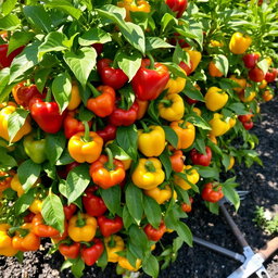 A vibrant and lush bell pepper bush, bearing an abundance of ripe, colorful bell peppers in shades of red, yellow, and green