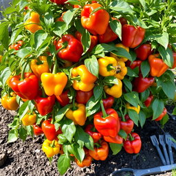 A vibrant and lush bell pepper bush, bearing an abundance of ripe, colorful bell peppers in shades of red, yellow, and green