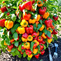 A vibrant and lush bell pepper bush, bearing an abundance of ripe, colorful bell peppers in shades of red, yellow, and green