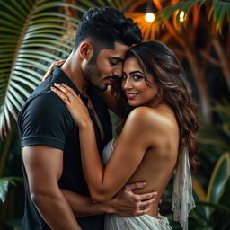 A hot sultry couple in a full-length photoshoot, featuring a beautiful 24-year-old Arab woman and a hot dusky man, both passionately engaged in a romantic embrace, facing the camera