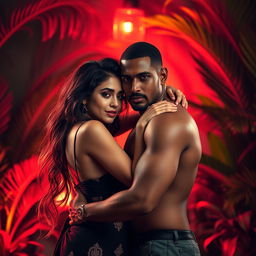 A hot sultry couple in a full-length photoshoot, featuring a beautiful 24-year-old Arab woman and a hot dusky man, both passionately engaged in a romantic embrace, facing the camera