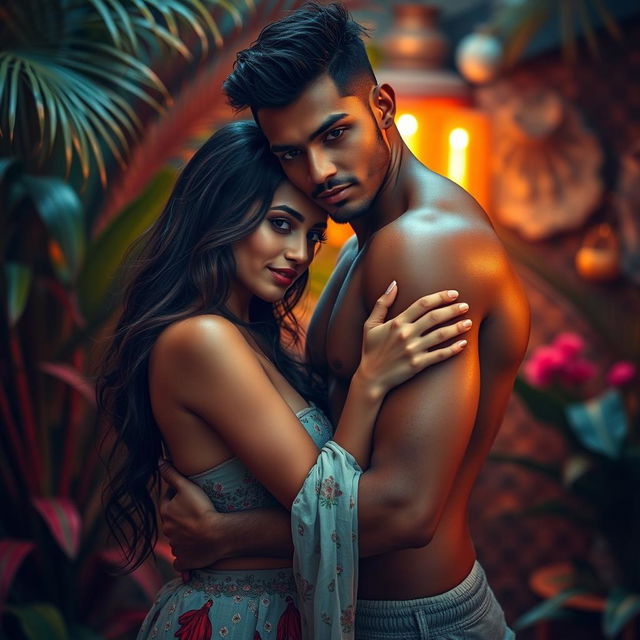 A hot sultry couple in a full-length photoshoot, featuring a beautiful 24-year-old Arab woman and a hot dusky man, both passionately engaged in a romantic embrace, facing the camera