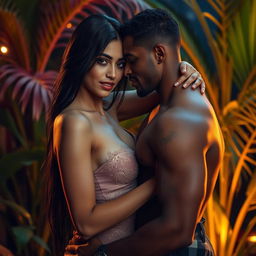 A hot sultry couple in a full-length photoshoot, featuring a beautiful 24-year-old Arab woman and a hot dusky man, both passionately engaged in a romantic embrace, facing the camera