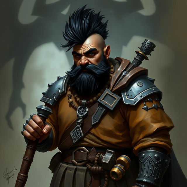 A Dungeons & Dragons dwarf cleric, aged 30, a bit portly with black skin, sporting a mohawk hairstyle of black hair and dark eyes